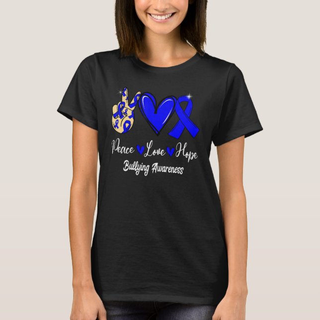 Camiseta Bullying Awareness Peace Love Hope Blue Ribbon (Anverso)