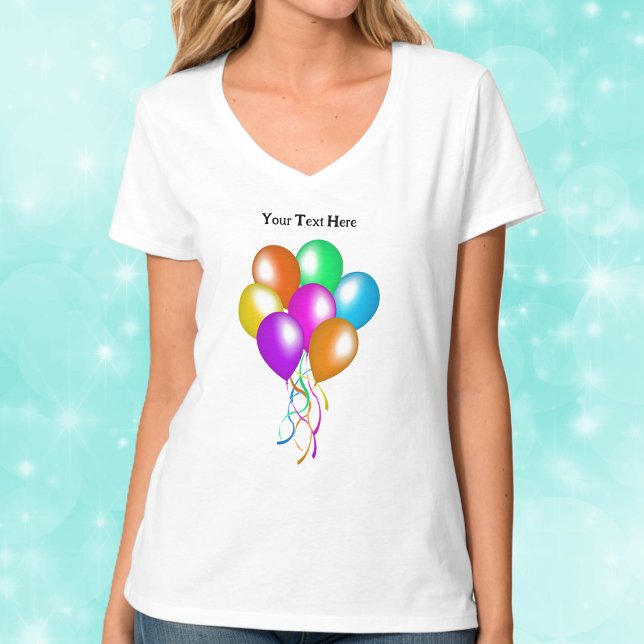 Camiseta Bunch Festive Bright Colorful Balloons Streamers (Bunch of festive bright colourful balloons with matching hanging streamers on tee shirt.)