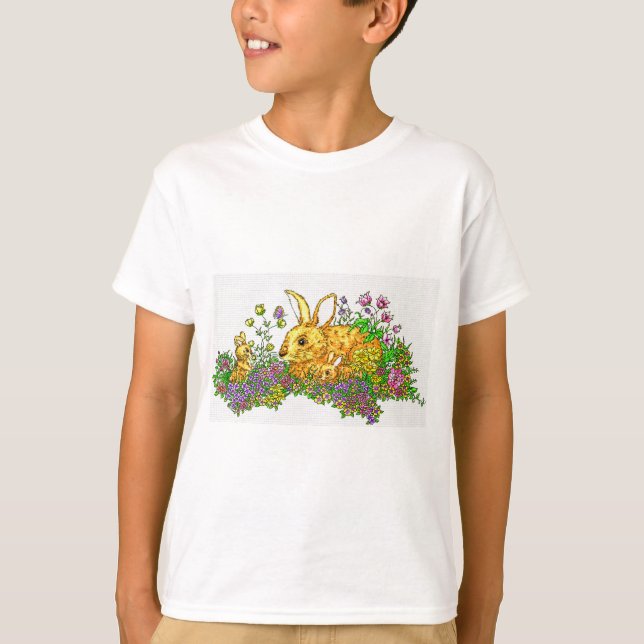 Camiseta Bunnies de primavera en un campo de flores (Anverso)