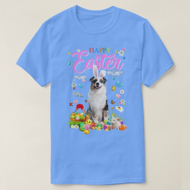 Camiseta Bunny Australian Shepherd Dog Happy Easter Eggs  (Diseño del anverso)