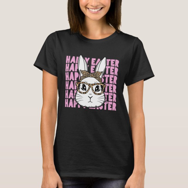 Camiseta Bunny Face Glasses Leopard Happy Easter Bunny Wome (Anverso)