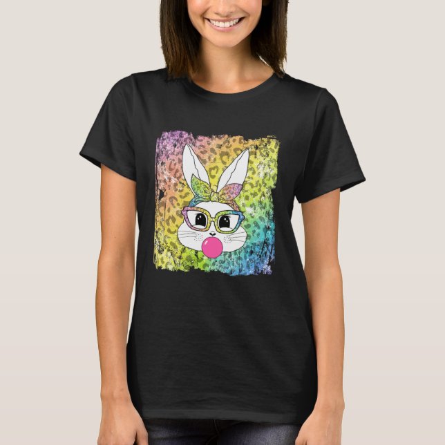 Camiseta Bunny Face Leopard Glasses Bubble Gum Easter Day G (Anverso)