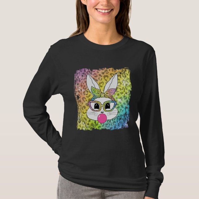Camiseta Bunny Face Leopard Glasses Bubble Gum Easter Day G (Anverso)