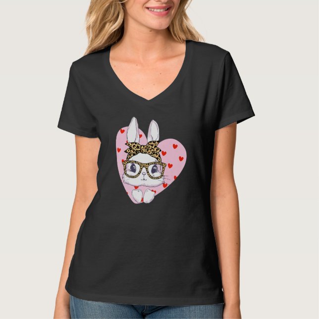 Camiseta Bunny Face Leopard Glasses Red Heart Happy Easter (Anverso)
