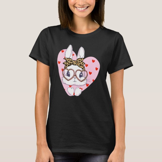 Camiseta Bunny Face Leopard Glasses Red Heart Happy Easter (Anverso)