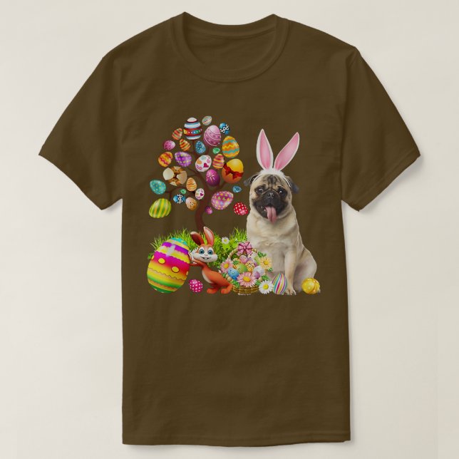 Camiseta Bunny Fawn Pug Dog Happy Eggs Tree  (Diseño del anverso)