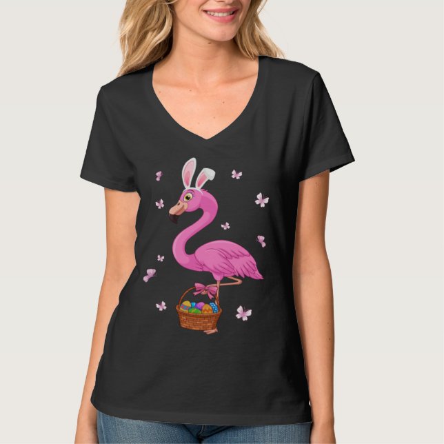Camiseta Bunny Flamingo Bringing Eggs Basket Happy Easter D (Anverso)