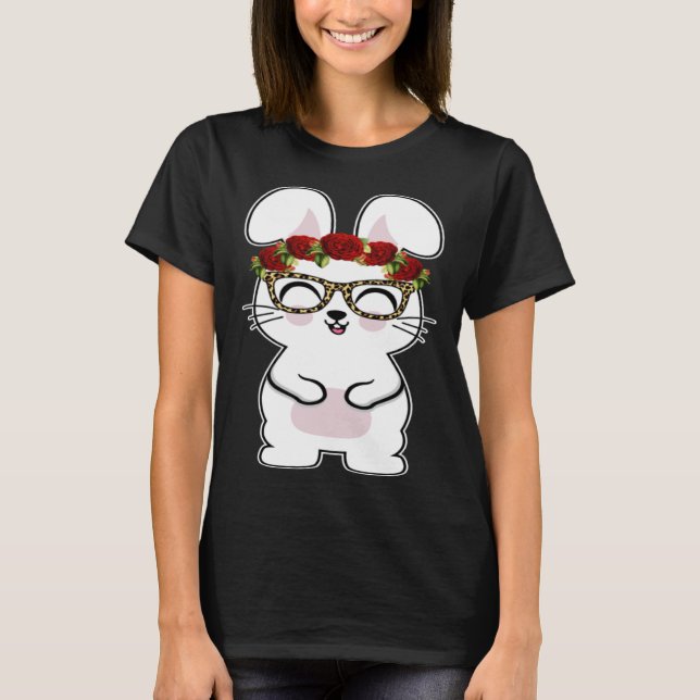 Camiseta Bunny Flowers Leopard Print Glasses Happy Easter W (Anverso)