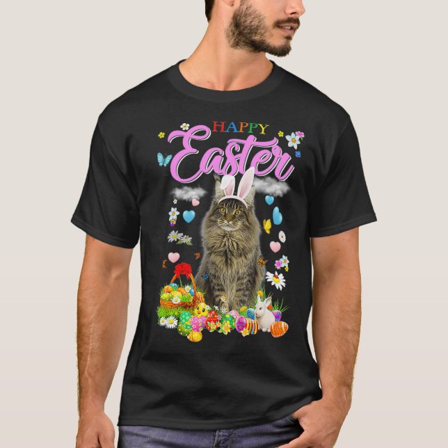 Camiseta Bunny Maine Coon Cat Feliz Eggs de Pascua  (Anverso)