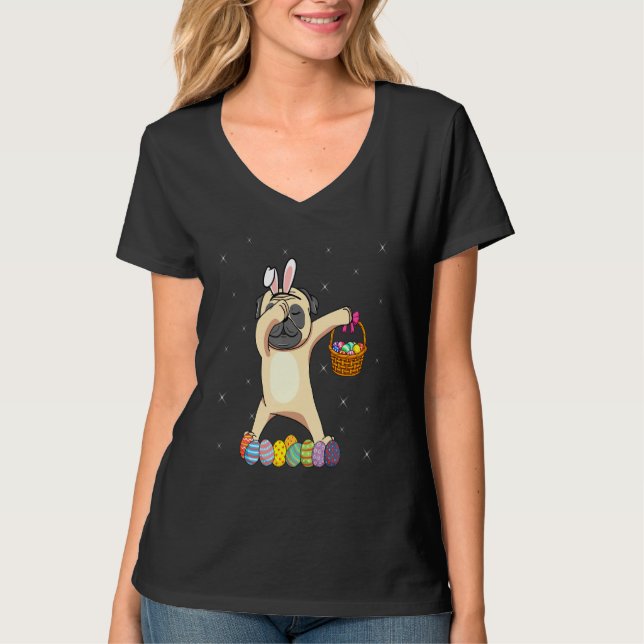 Camiseta Bunny Pug Dabbing Dog Happy Easter Day Egg Hunt (Anverso)