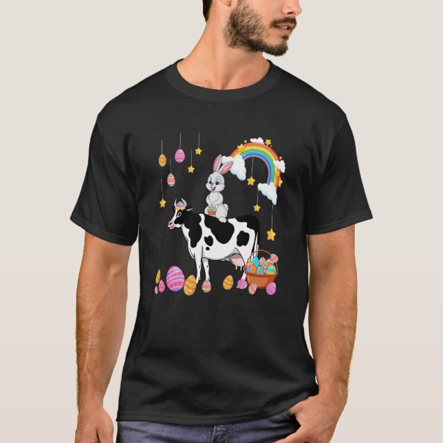 Camiseta Bunny Riding Cow Easter Day Costume Farmer Hunting (Anverso)