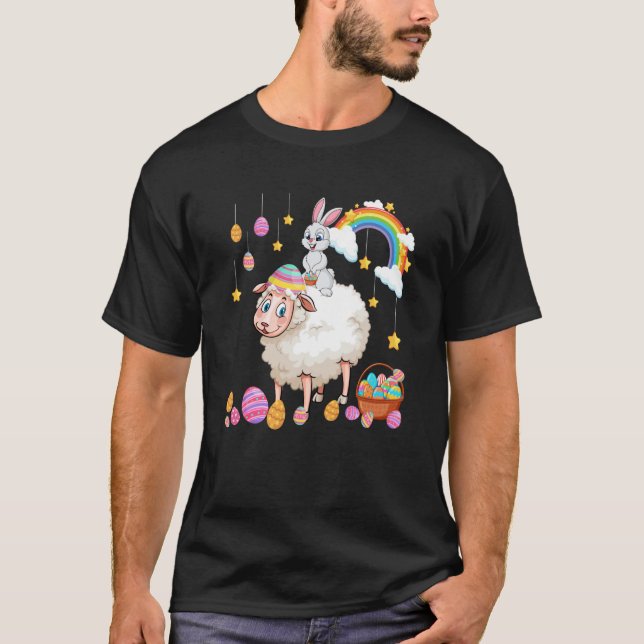 Camiseta Bunny Riding Sheep Easter Day Costume Farmer Hunti (Anverso)