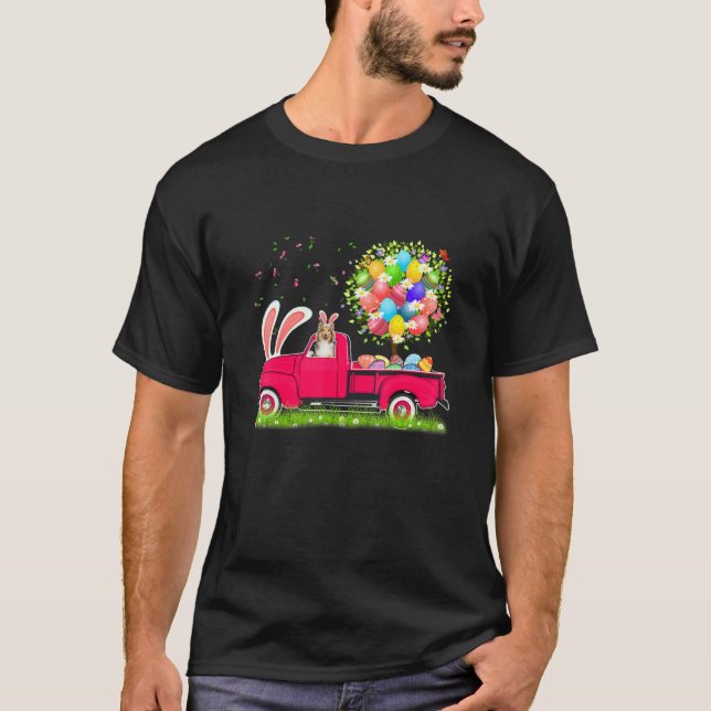Camiseta Bunny Shetland Sheepdog Happy Easter Eggs Tree (Anverso)