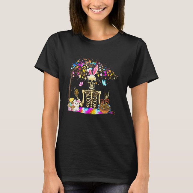 Camiseta Bunny Skeleton Cute Bunny Chick Eggs Cesta Feliz (Anverso)