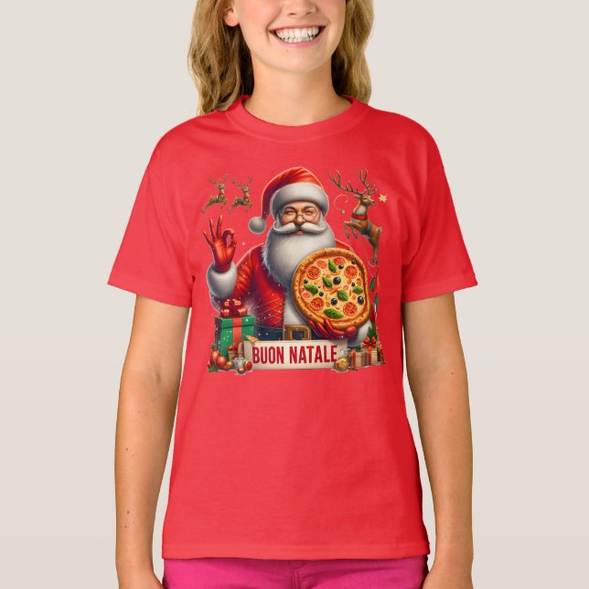 Camiseta Buon Natale Italian Santa with Pizza & Reindeer  (Anverso)