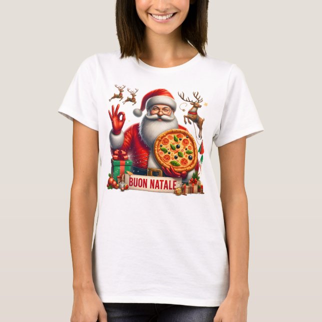 Camiseta Buon Natale Italian Santa with Pizza & Reindeer  (Anverso)