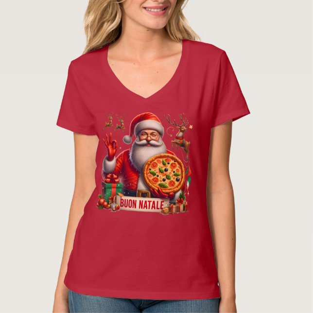 Camiseta Buon Natale Italian Santa with Pizza & Reindeer  (Anverso)