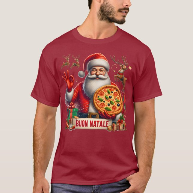 Camiseta Buon Natale Santa Italiana con pizza y reno (Anverso)
