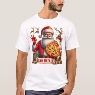 Camiseta Buon Natale Santa Italiana con pizza y reno