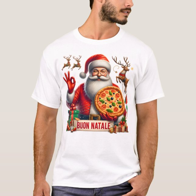 Camiseta Buon Natale Santa Italiana con pizza y reno (Anverso)