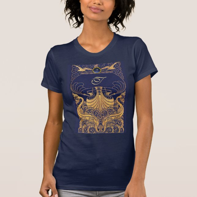 Camiseta Buque antiguo, delfines, oro, monograma azul marin (Anverso)