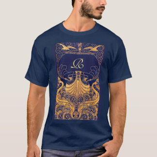 Camiseta Buque antiguo, delfines, oro, monograma azul marin