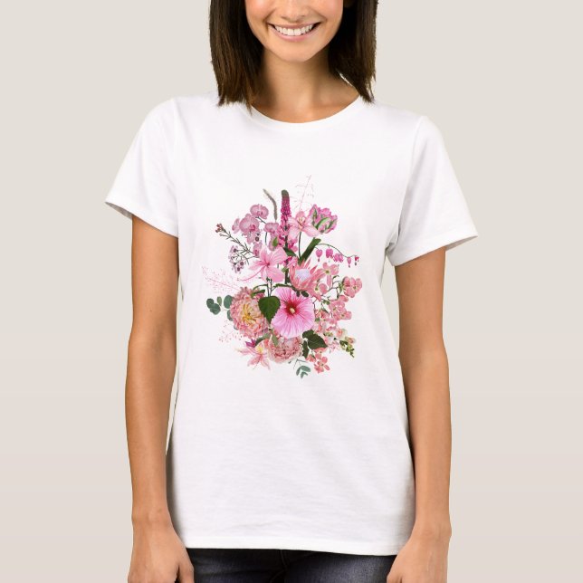 Camiseta Buqué de flores tropicales de primavera rosadas. (Anverso)