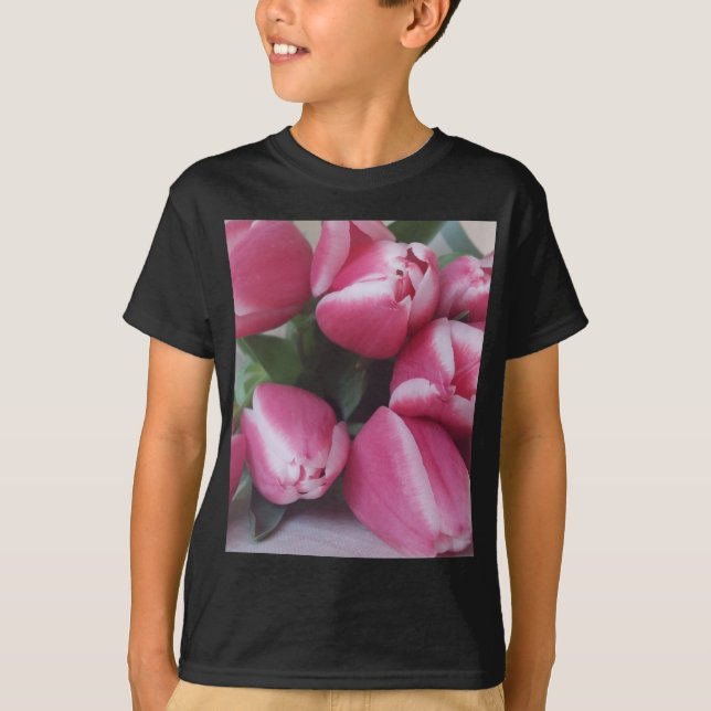 Camiseta Buquete de primavera floral de tulipanes rosados,  (Anverso)