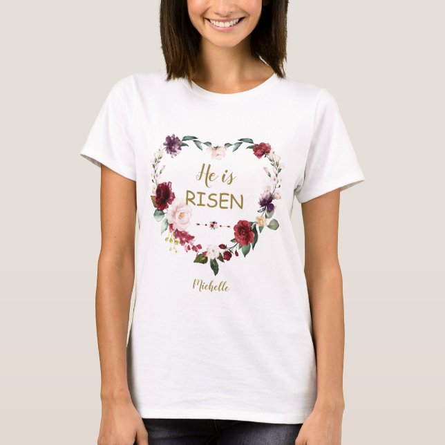 Camiseta Burgundy Floral Heart Happy Easter It Risen (Anverso)