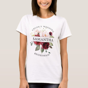 Camiseta Burgundy Red Rubor Pink Floral Bridesmaid