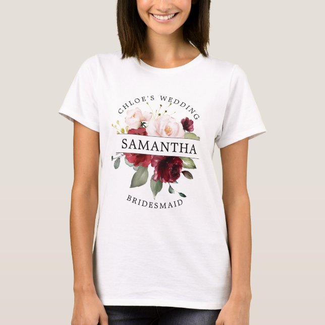 Camiseta Burgundy Red Rubor Pink Floral Bridesmaid (Anverso)
