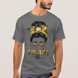 Camiseta Bus Aide Life Messy Bun Sunflower Leopard Bus Aide