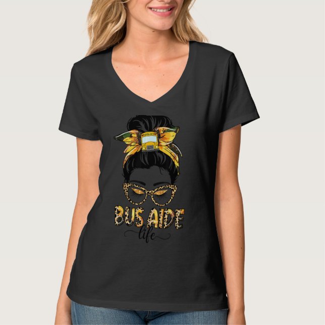 Camiseta Bus Aide Life Messy Bun Sunflower Leopard Bus Aide (Anverso)