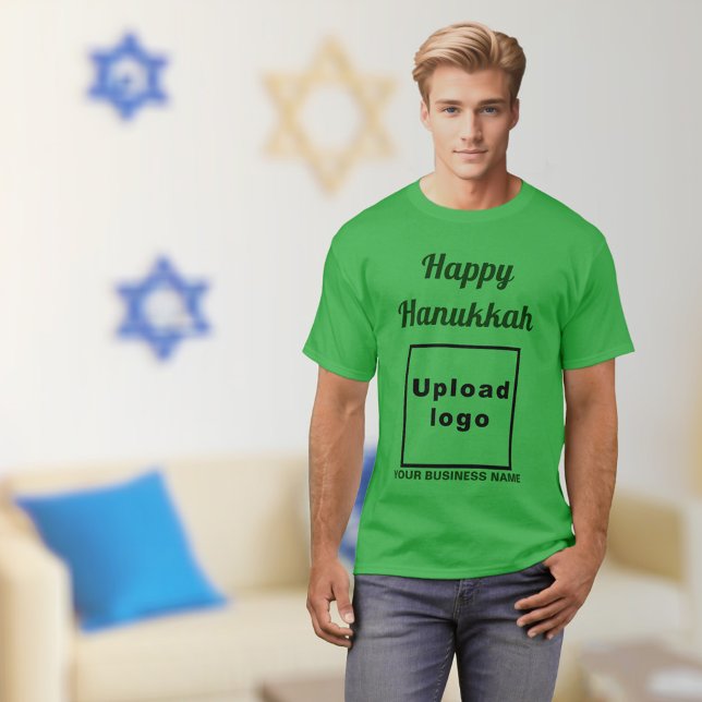Camiseta Business Hanukkah Saludo en Shamrock Green (Hanukkah greeting, business name and logo on shamrock green t-shirt)