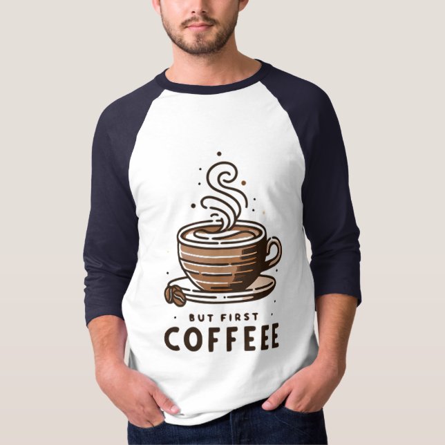 Camiseta But First Coffee Striped Cup Line Art Design (Anverso)