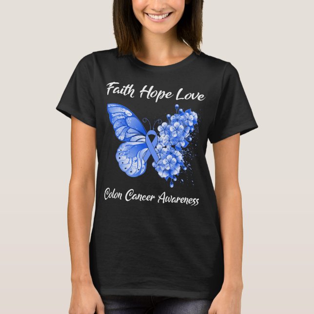 Camiseta Butterfly Faith Hope Love Colon Cancer Awareness (Anverso)