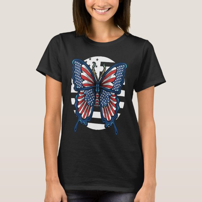 Camiseta Butterfly USA Flag Cute Fourth Of July Funny Ameri (Anverso)