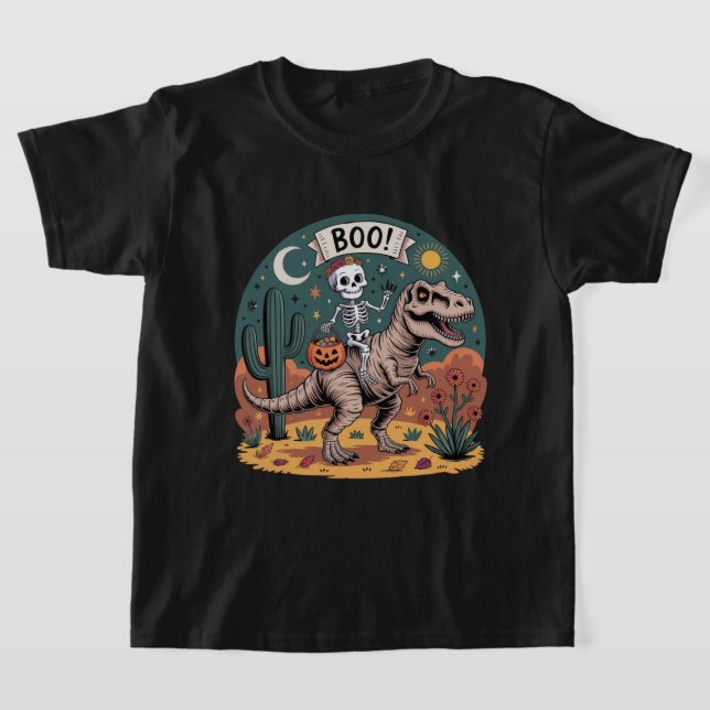 Camiseta ¡Buu! Esqueleto montando un dinosaurio con dulces (Distribución)