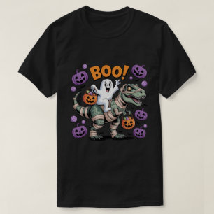 Camiseta ¡Buuu! Fantasma Lindo Montando T-Rex Momia con Cal
