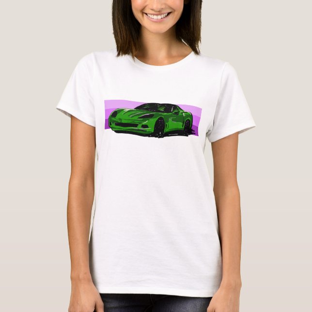 Camiseta C6 Corvette verde brillante Sportscar banda rosa (Anverso)