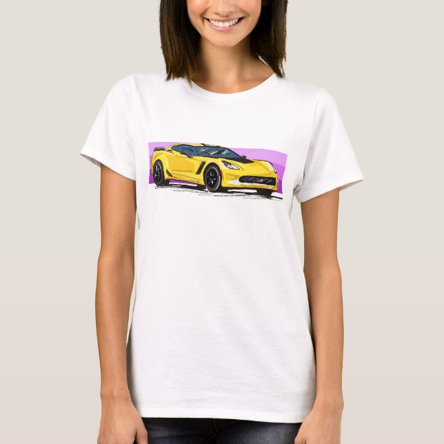 Camiseta C7 Corvette amarillo Sportscar con banda rosa (Anverso)
