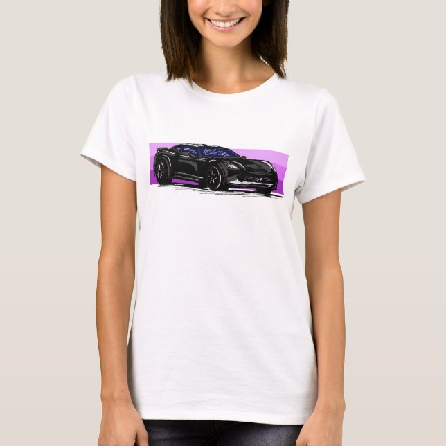 Camiseta C7 Corvette negro Sportscar con banda rosa (Anverso)
