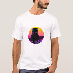 Camiseta Caballero Gato Retro Synthwave con Sombrero de Cop