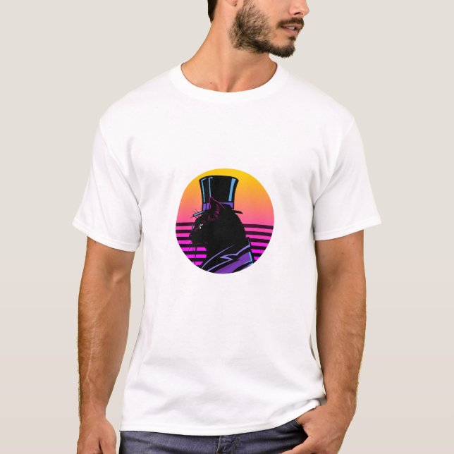 Camiseta Caballero Gato Retro Synthwave con Sombrero de Cop (Anverso)