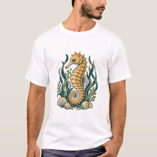 Camiseta Caballito de mar dorado con hierba marina y concha