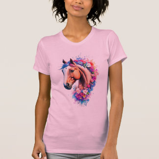 Camiseta Caballo Arcoíris Colorido Busto Acuarela Flor Silv