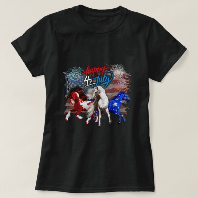 Camiseta Caballo azul blanco rojo 4 de julio Bandera de Est (Diseño del anverso)