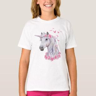 Camiseta Caballo blanco del unicornio, rosas rosados, y