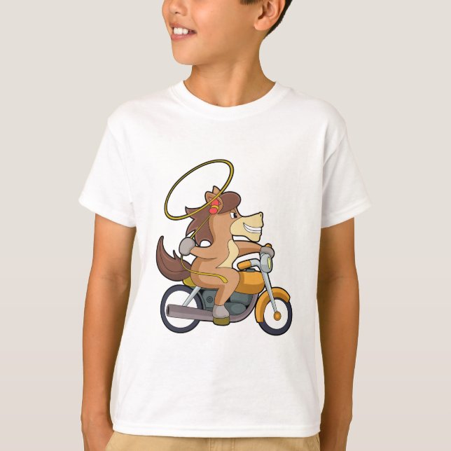 Camiseta Caballo como Vaquero con Lasso y Motocicleta (Anverso)