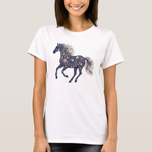Camiseta Caballo corriendo floral botánico oscuro